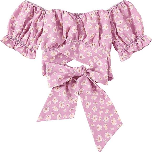 Cute Daisy Pink Sleeve Tie Up Back Crop Top - size Small - Picture 3 of 5